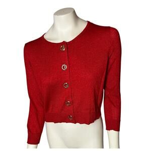 Calvin Klein Red Sparkly Cropped Gold Toggle Close Cardigan